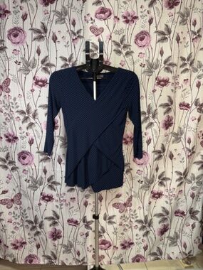 Vince Camuto Striped Wrap Top Blue Black Stretch Size PS Petite